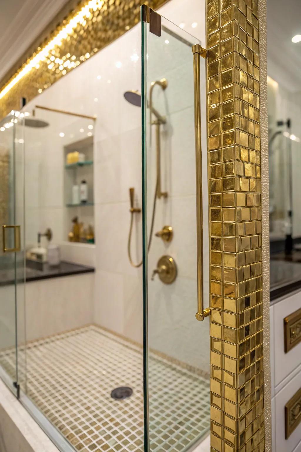 Luxurious shower with gold metallic tile edge trims