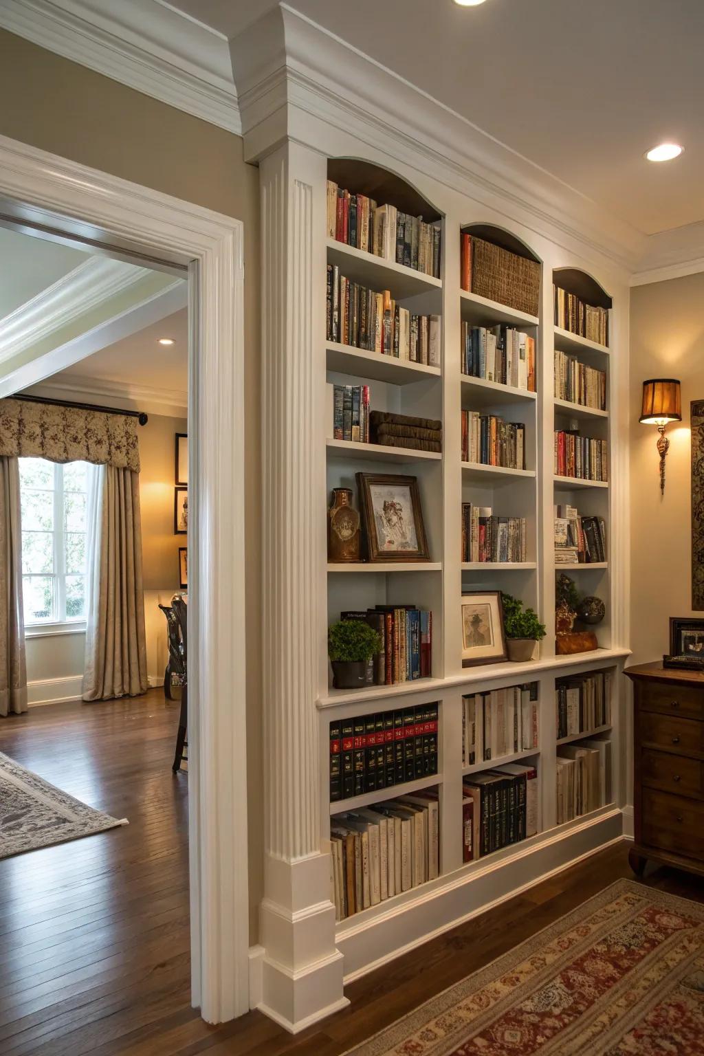 Crown molding frames bookshelves for a custom built-in look.
