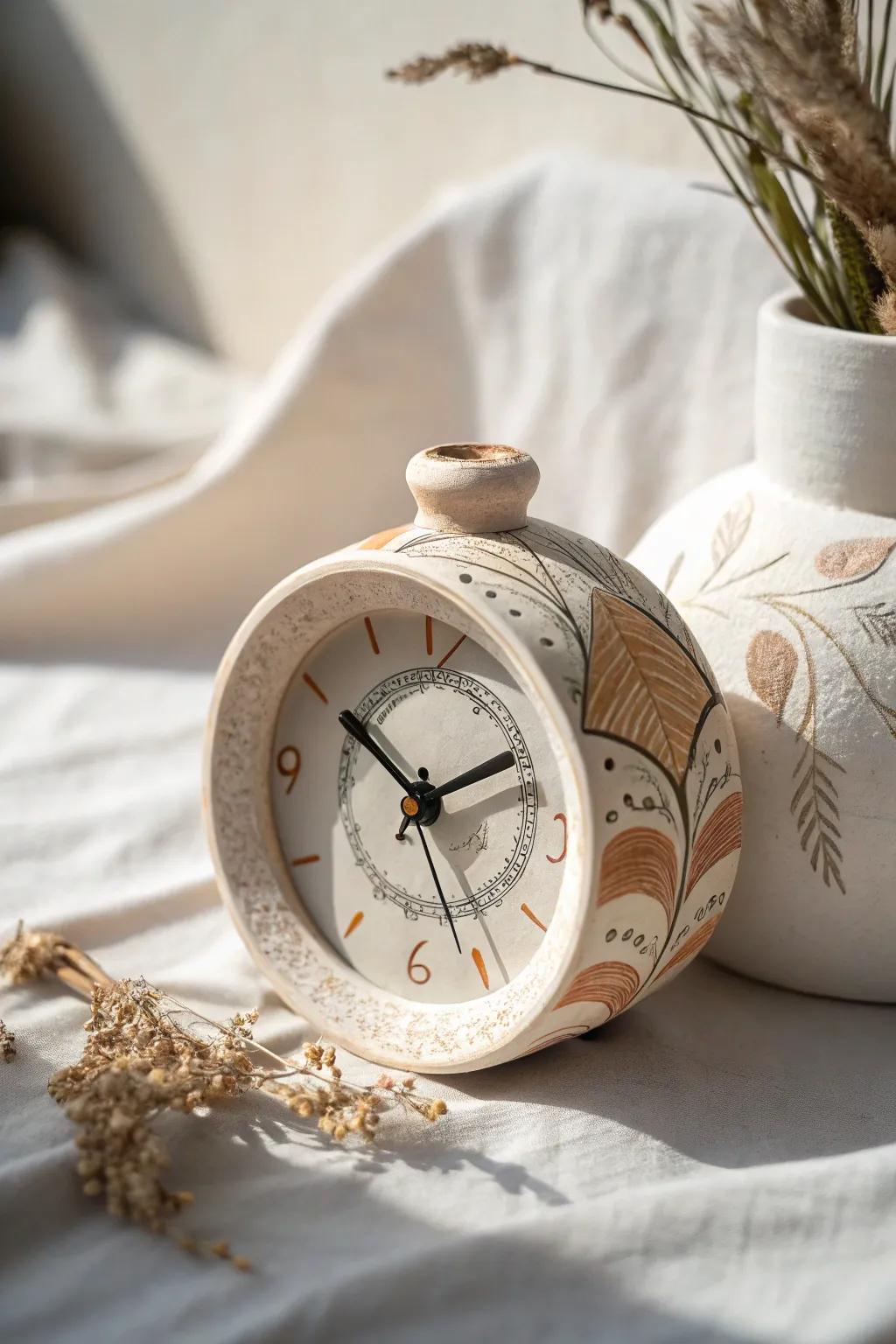 Embrace time with a touch of artistry â this miniature pottery clock blends functionality with timeless beauty.