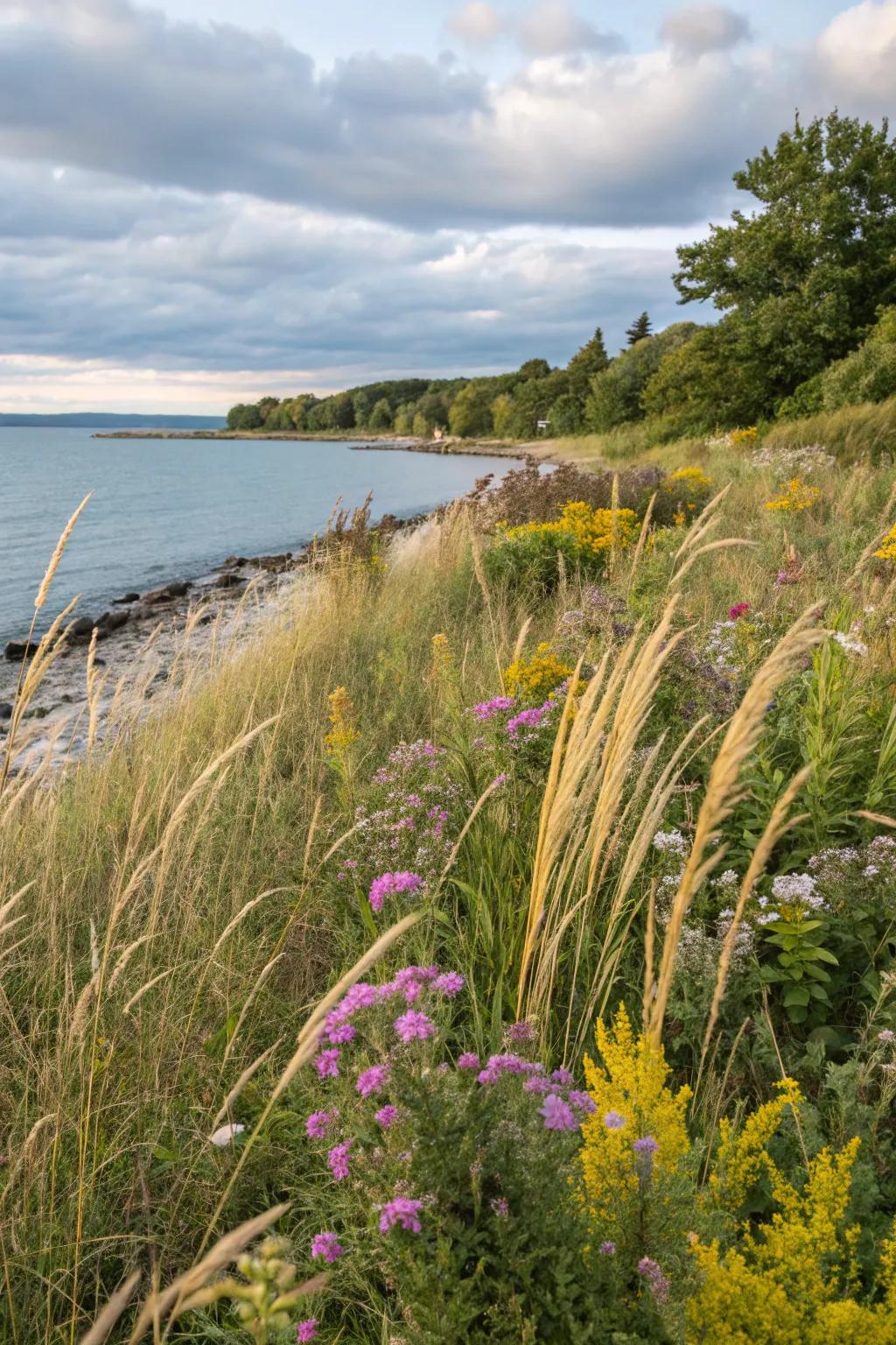 A vibrant buffer zone with native plants enhancing the shoreline's natural beauty.