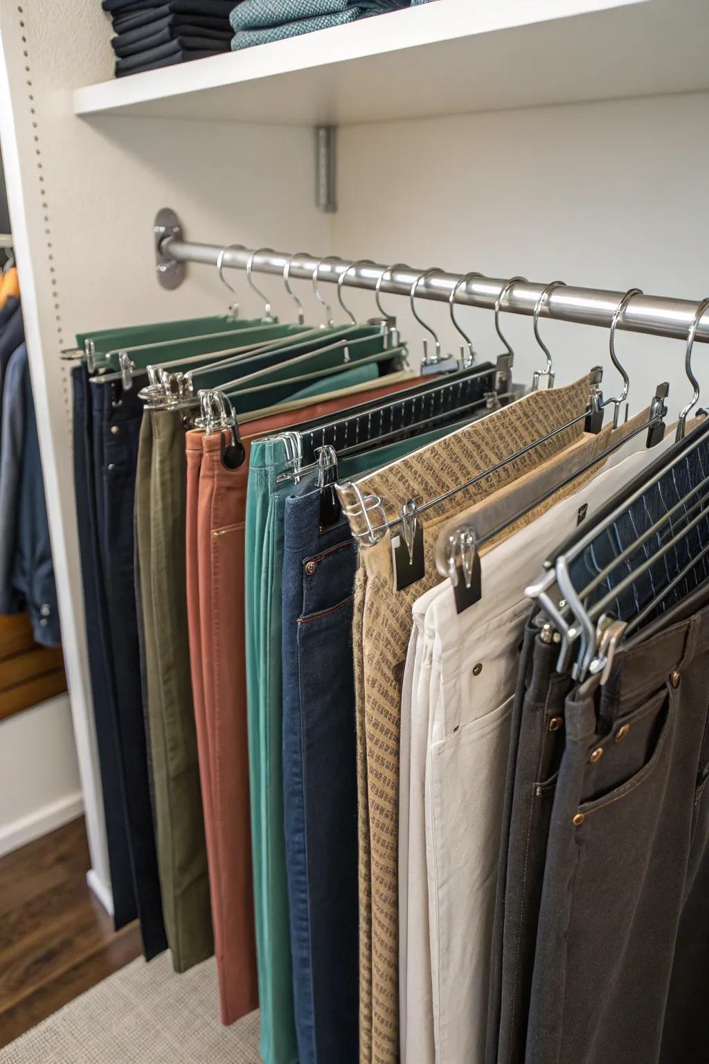 Pants hangers ingeniously storing cutting mats in a closet.