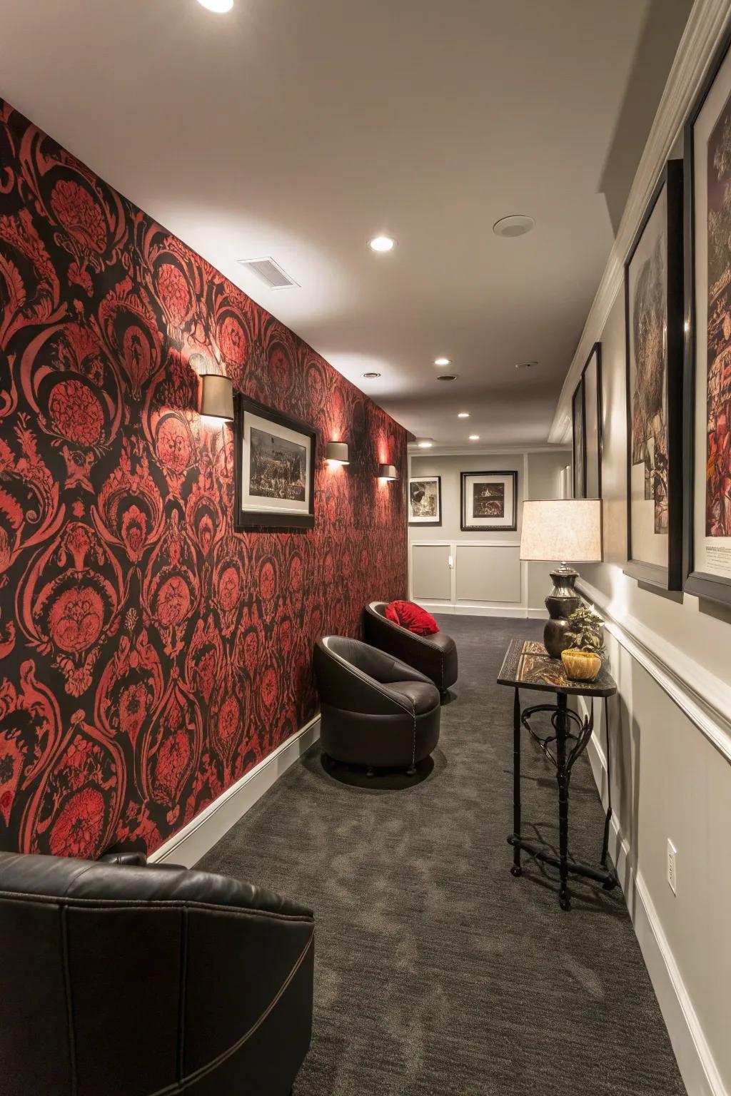 A bold feature wall adds depth and interest.