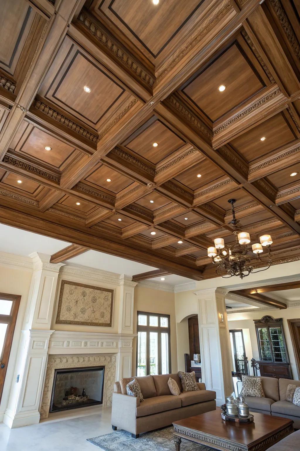 High ceilings paired with coffered designs create a sense of grandeur.