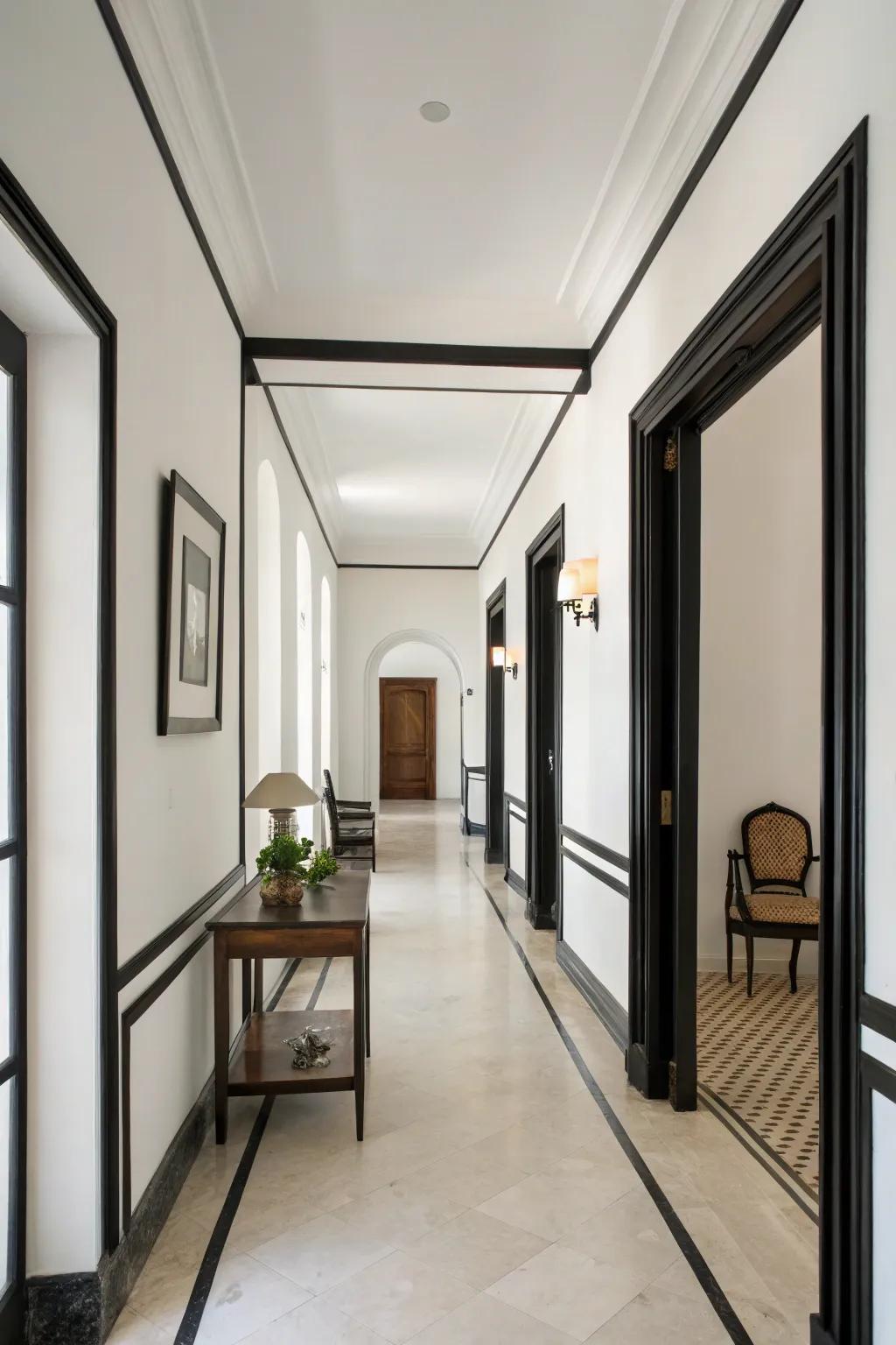 Black trim adds a sophisticated touch to this hallway.