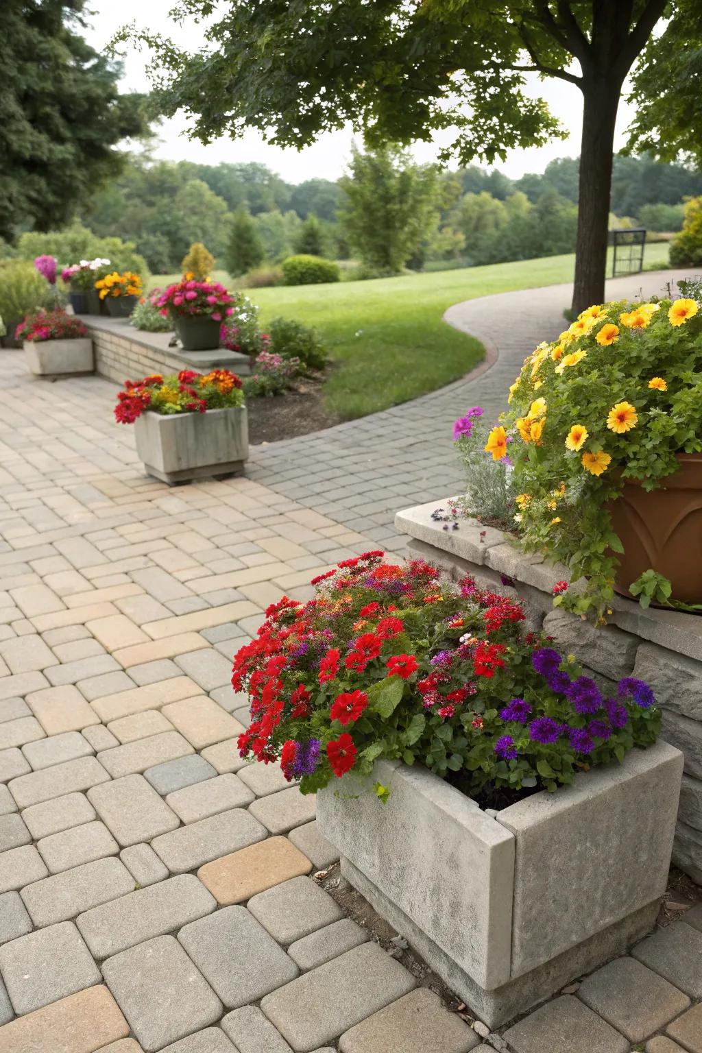 Built-in planters on a paver patio, adding natural beauty to the space.