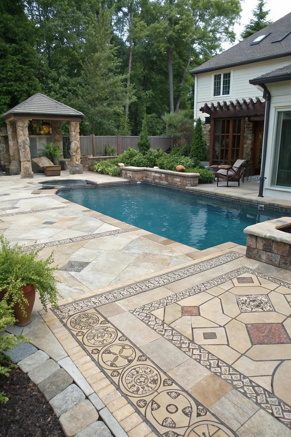Sophisticated stone and tile bring timeless elegance to this pool area.
