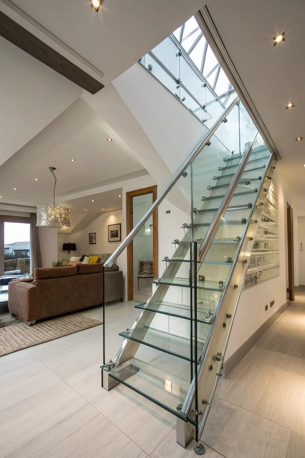 Glass steps create a futuristic and airy atmosphere.