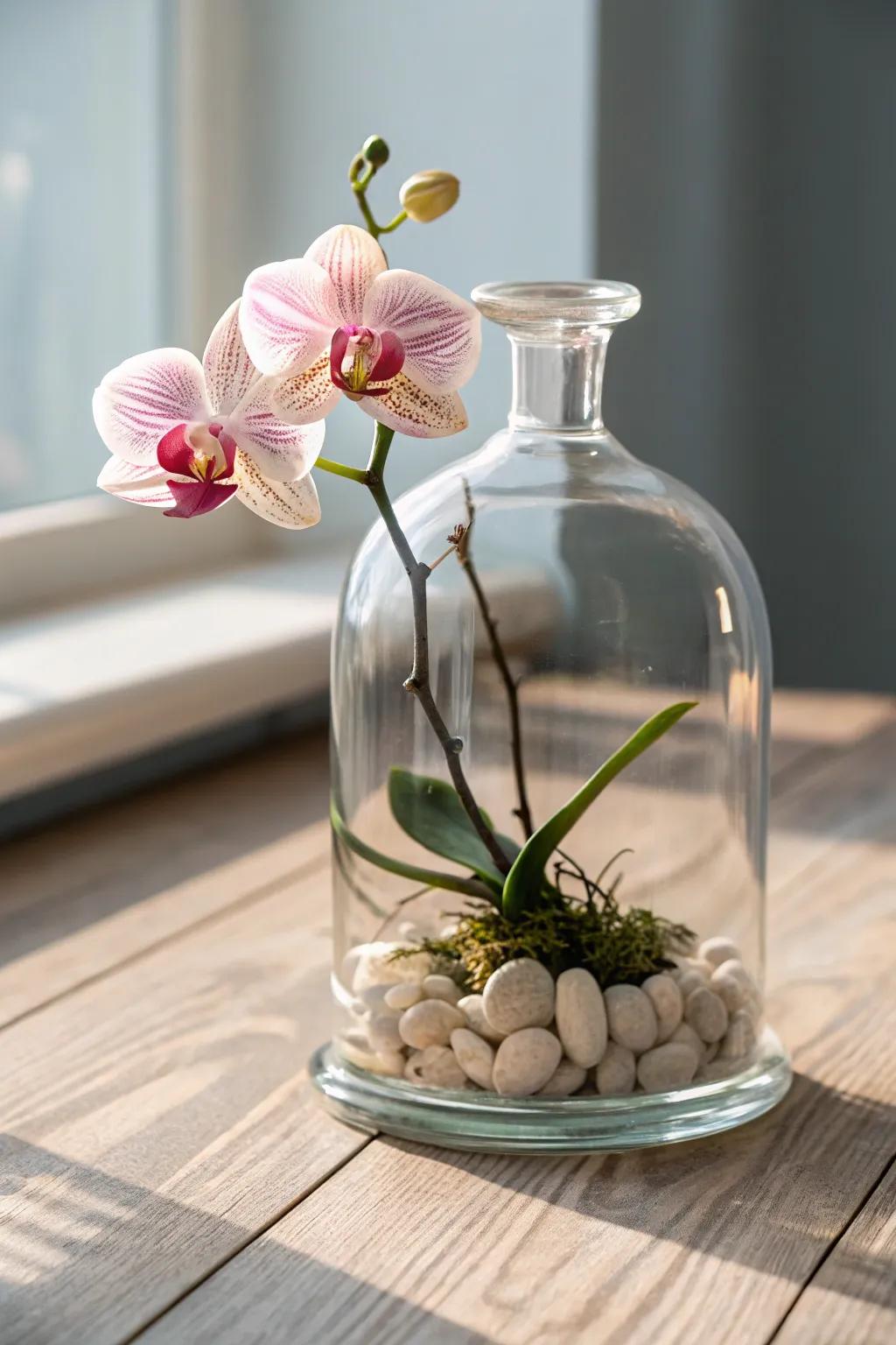 Embrace minimalist elegance with this charming orchid terrarium display.