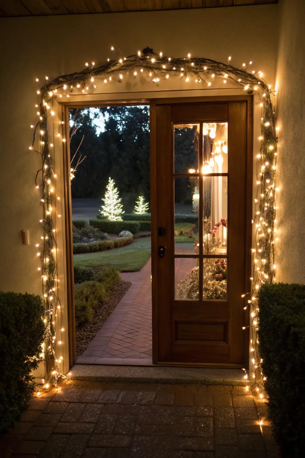 A door adorned with twinkling Christmas string lights