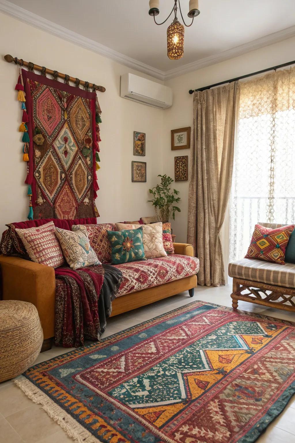A living room featuring eclectic patterns in textiles.