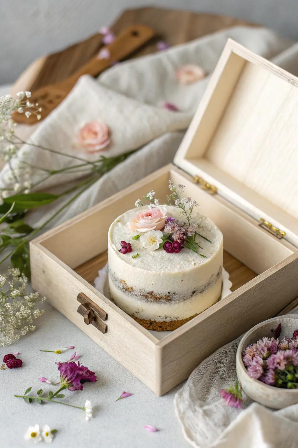 Delight in the simple elegance of a Mother's Day treat with this charming Bento Box mini cake.