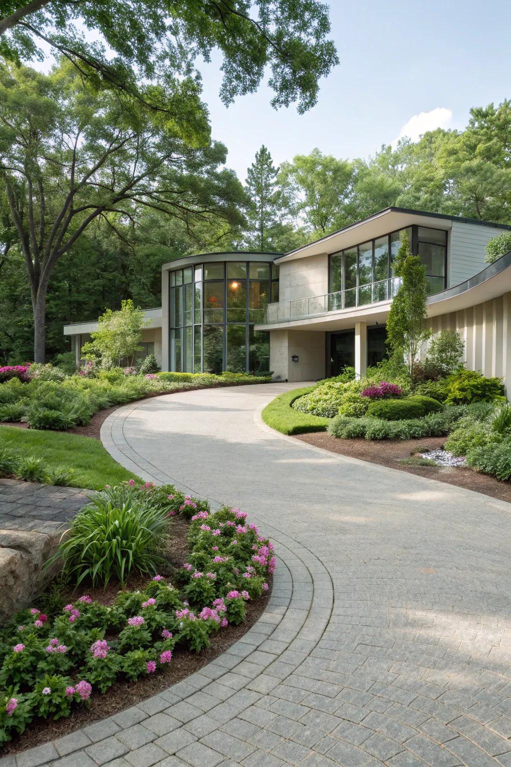 A unique teardrop driveway with ample space.