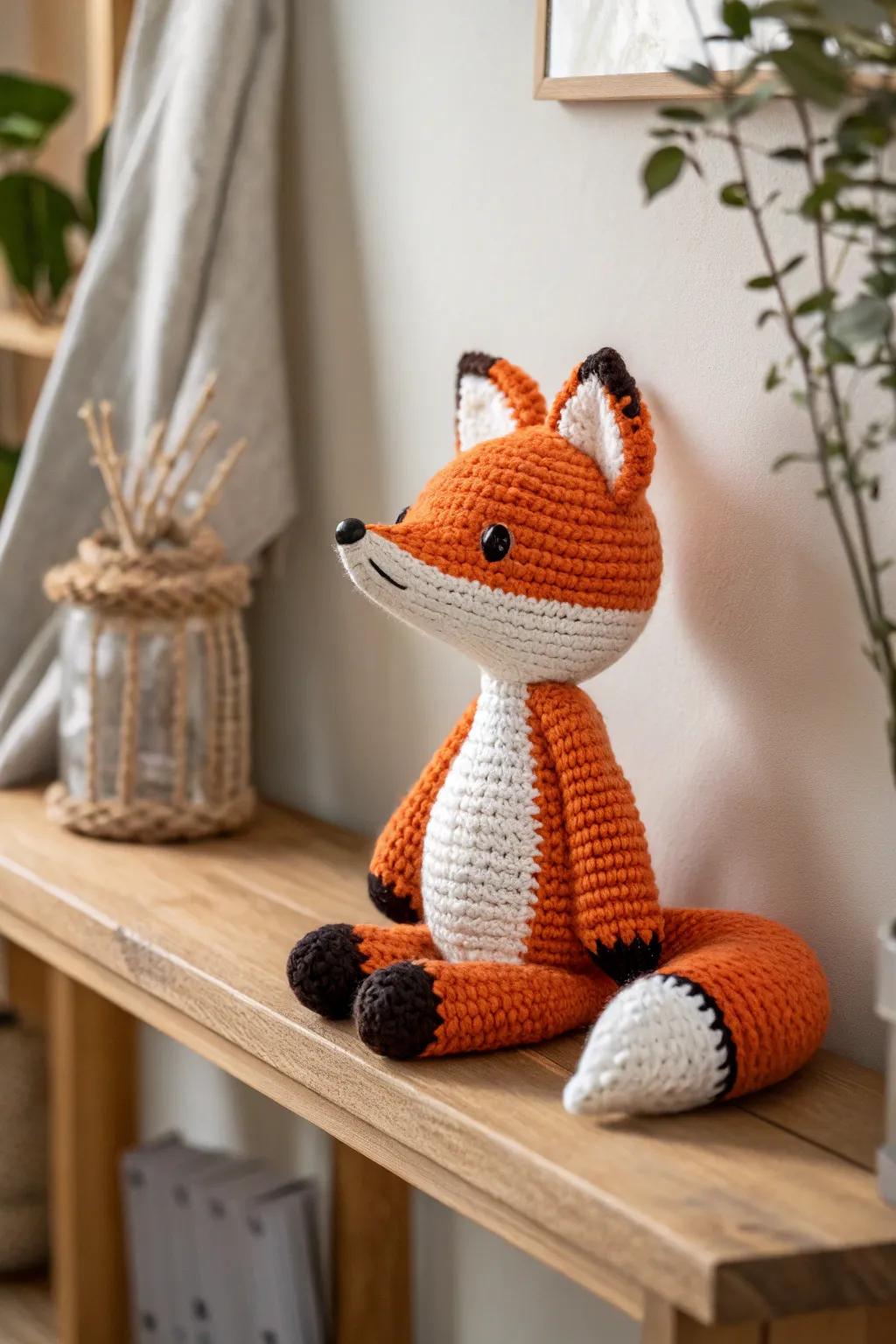 Meet your new shelf companion: a charming crochet fox that blends minimalist design with a pop of color.