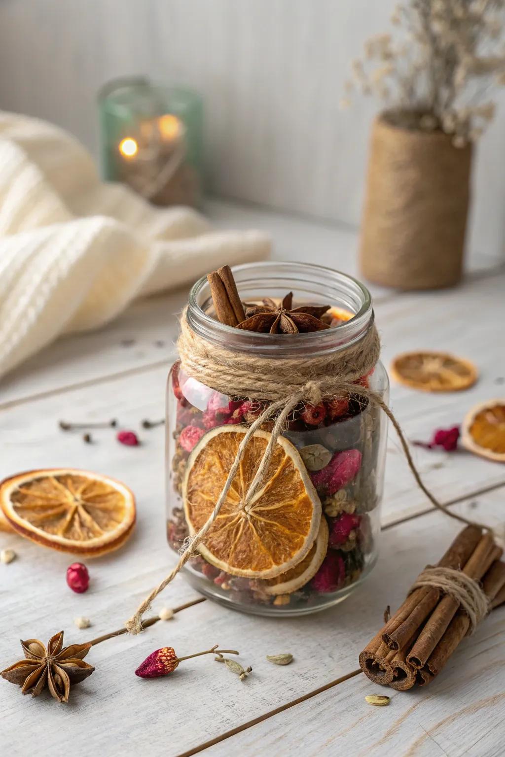 Capture the season's essence with this charming mason jar potpourriâan elegant sensory gift for any occasion.