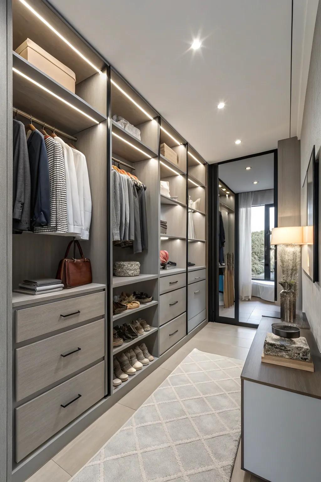 Grey offers a sleek and timeless closet backdrop.