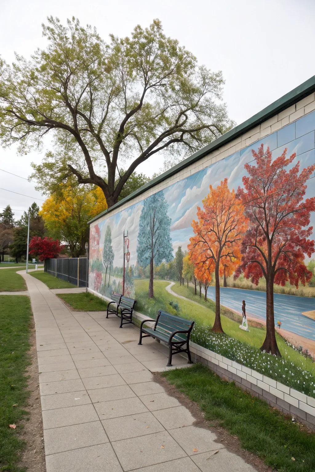 Seasonal murals reflect nature's cycle.
