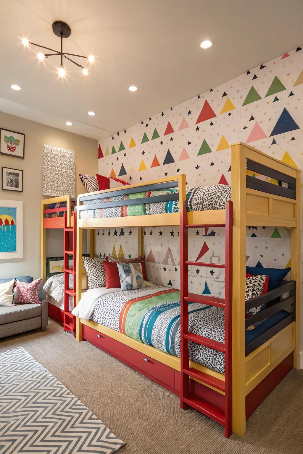 Bold color accents bring vibrancy and energy to the design of these quad bunk beds.