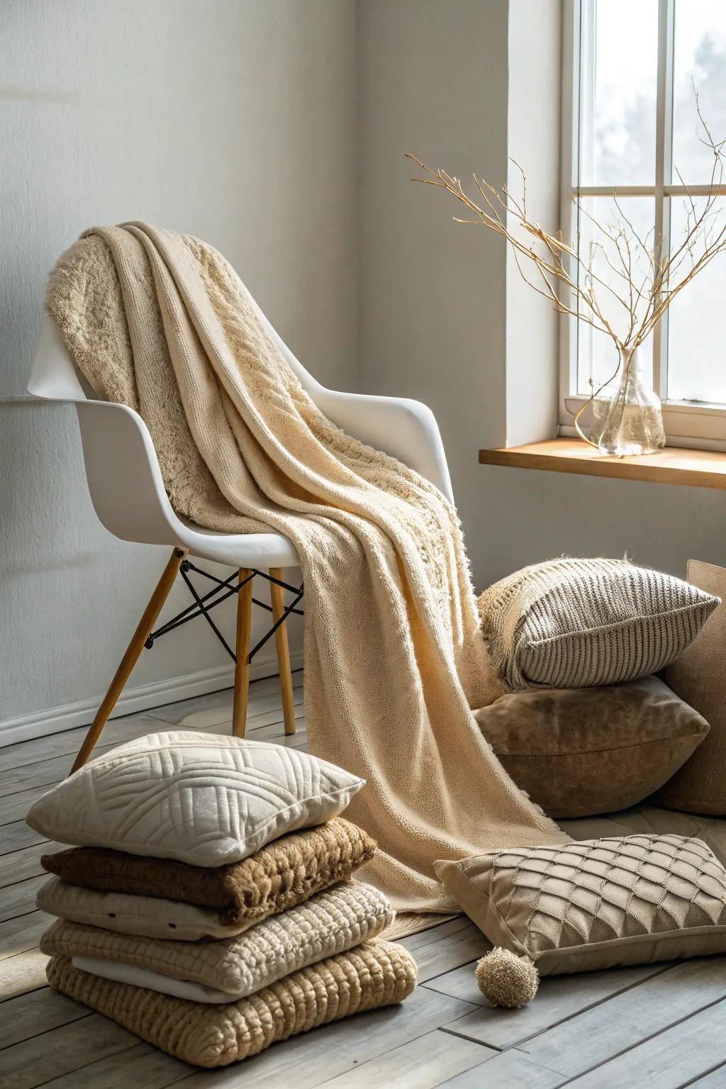 Transform your small space into a cozy haven with layers of inviting textiles. #ScandiBohoCharm #MinimalistDecor