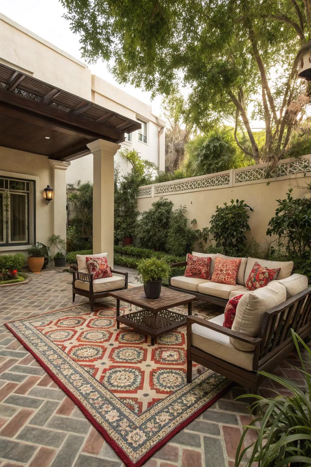 An area rug defines this cozy seating area on the patio.