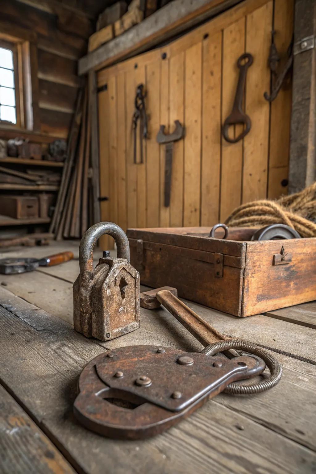 Vintage hardware adds authentic charm to a rustic garage.