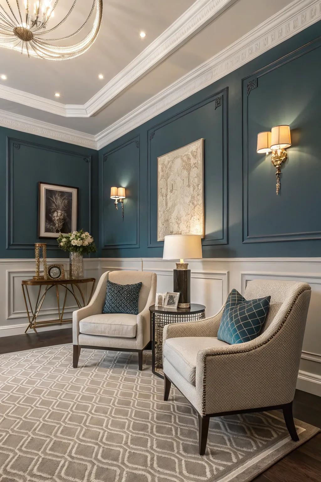 Color coordination with crown molding adds depth and texture.