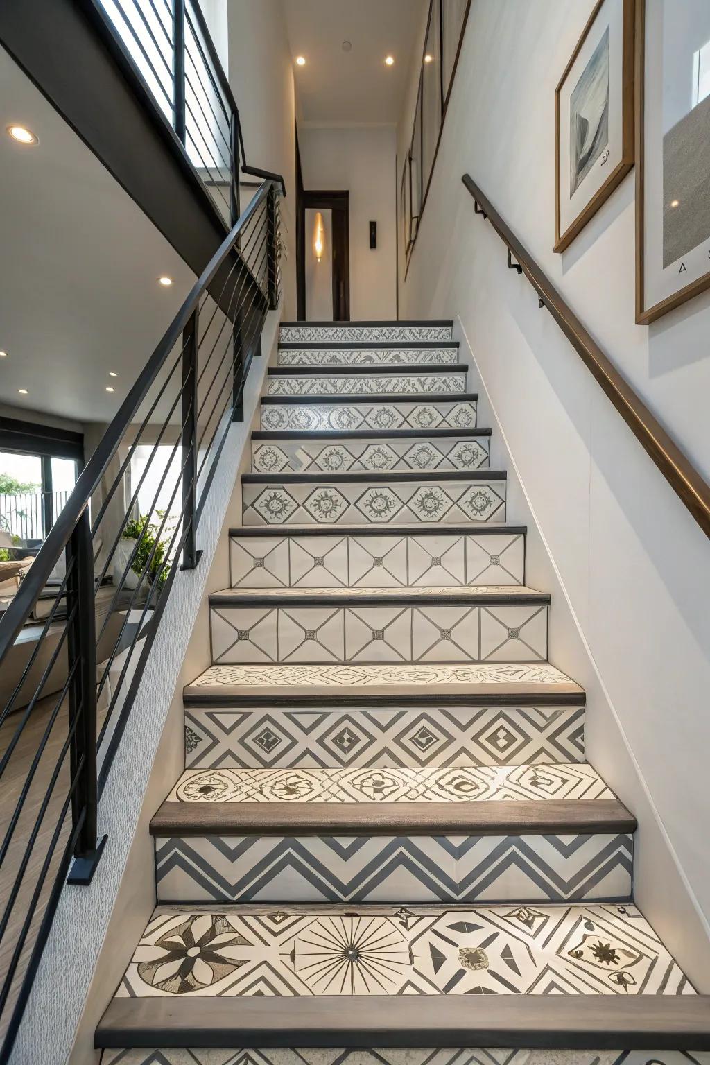 Geometric patterns add dynamic visual interest.