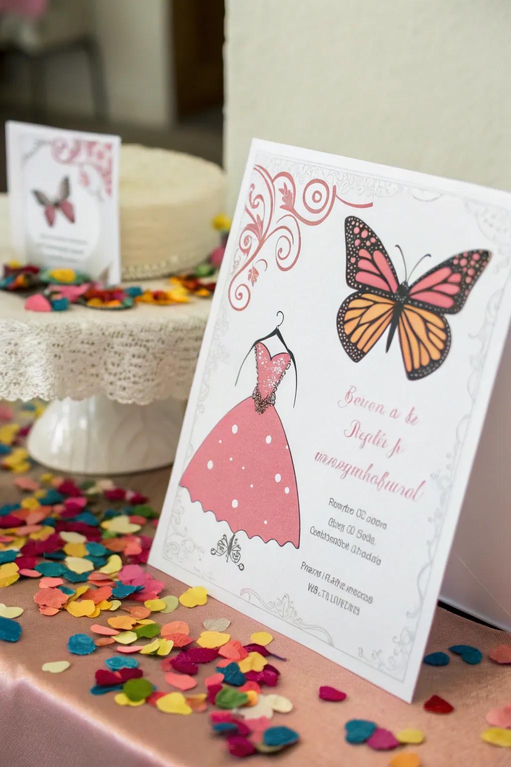 An invitation featuring playful illustrations of butterflies and dresses.
