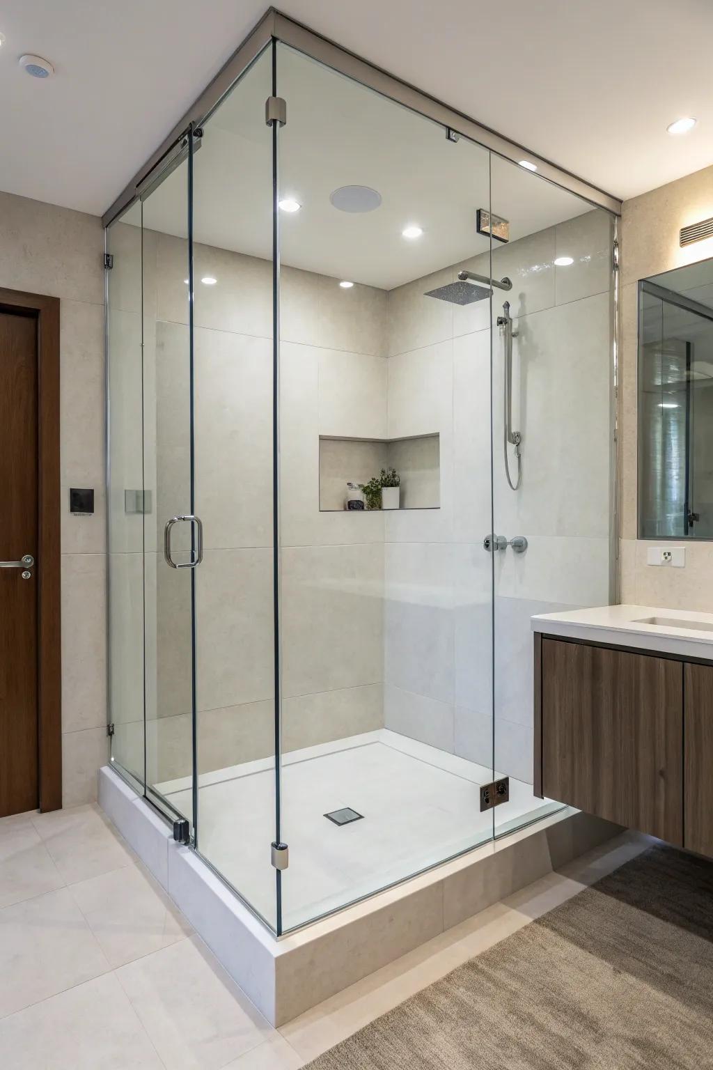 Minimalist shower with glass edge trims