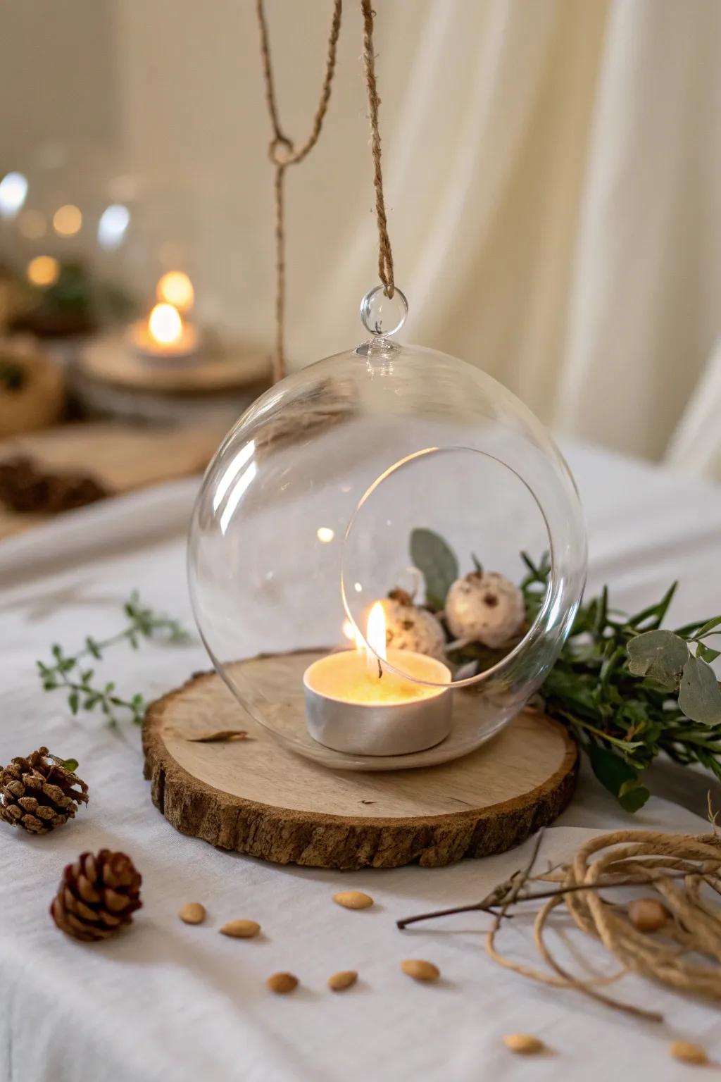 Create a dreamy wedding ambiance with minimalistic hanging glass orbs.