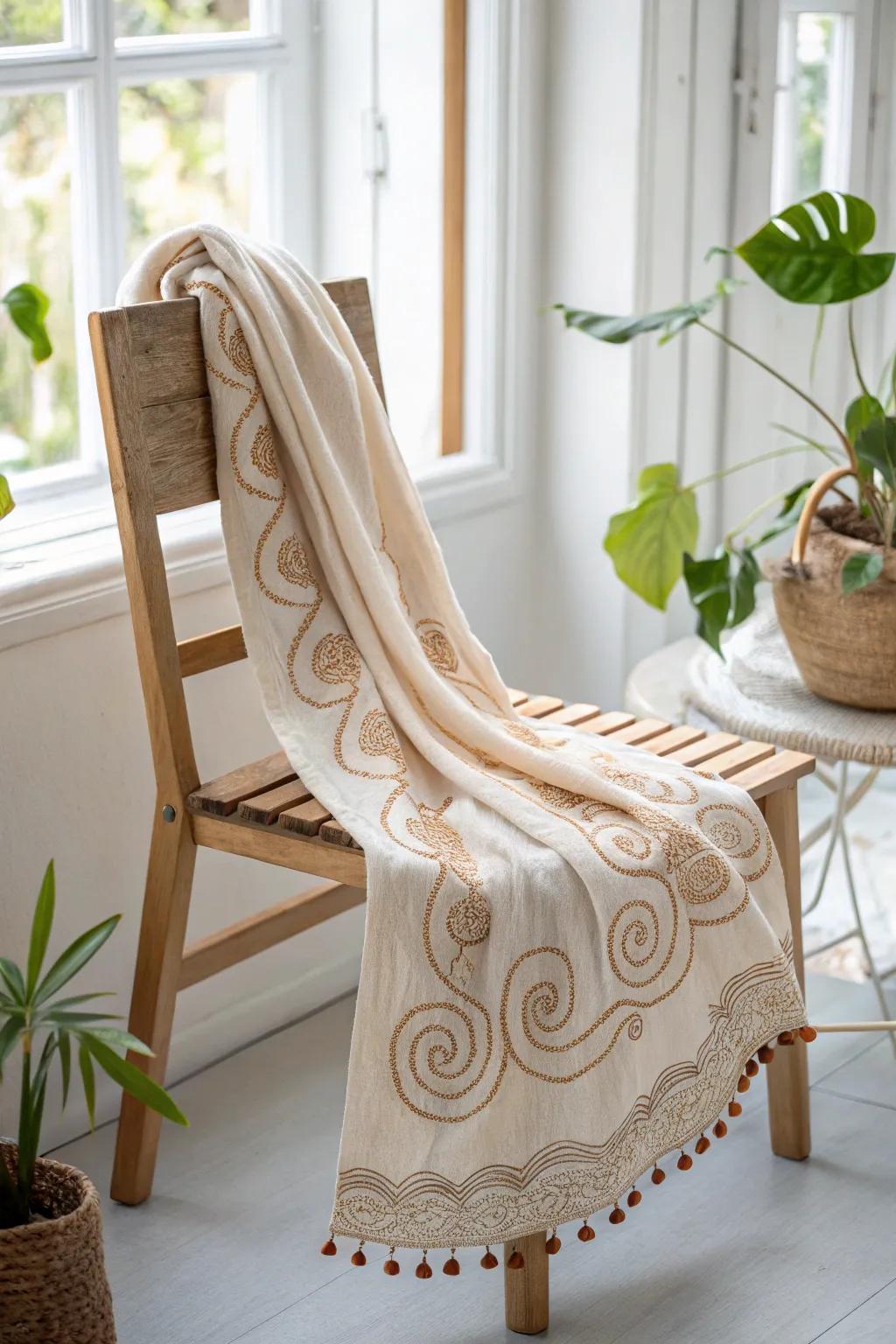 Elevate your style with an artistic scarf that brings a touch of freeform elegance to any outfit.