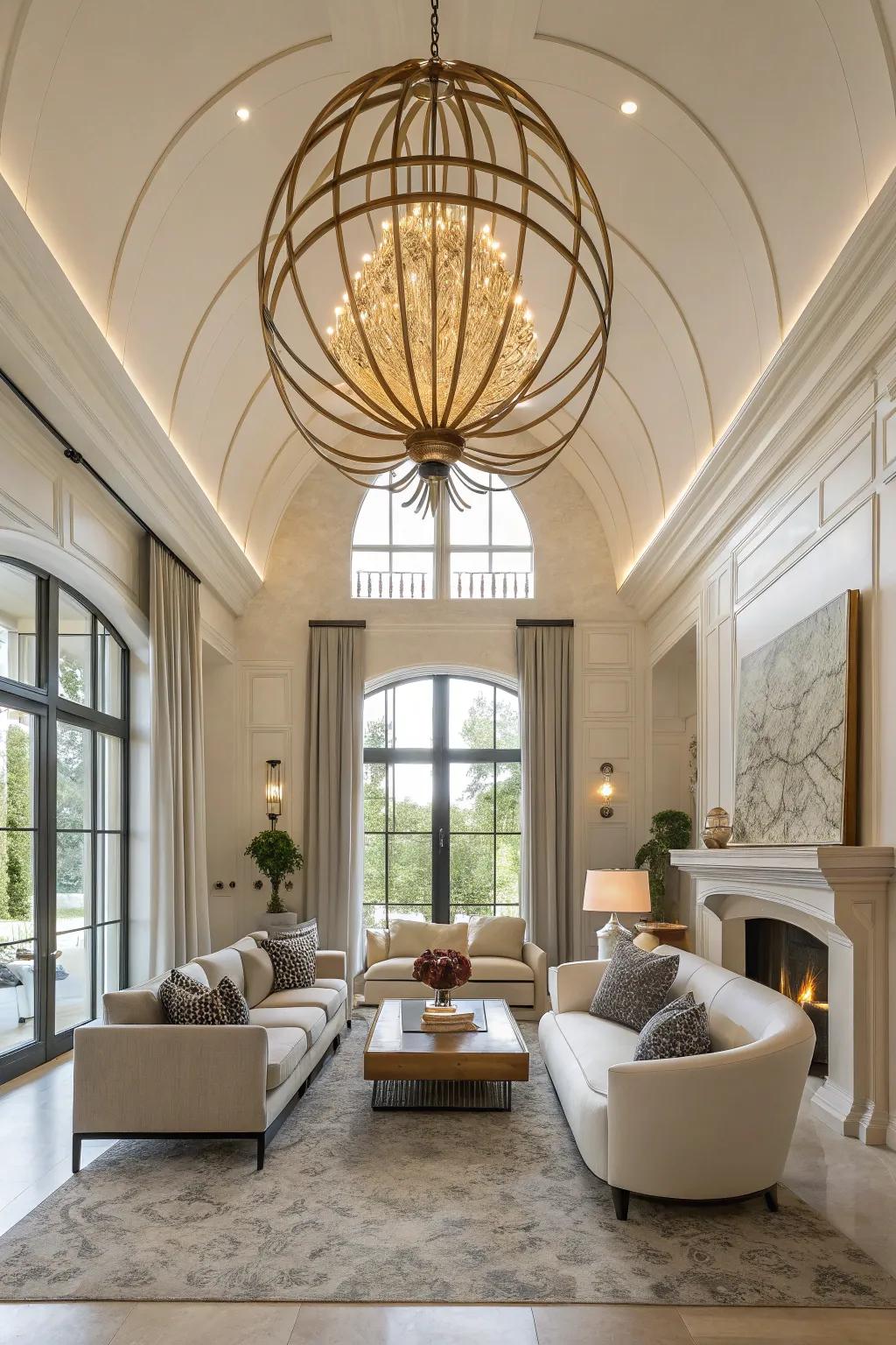 Sculptural light fixtures add an artistic element to high-ceilinged spaces.