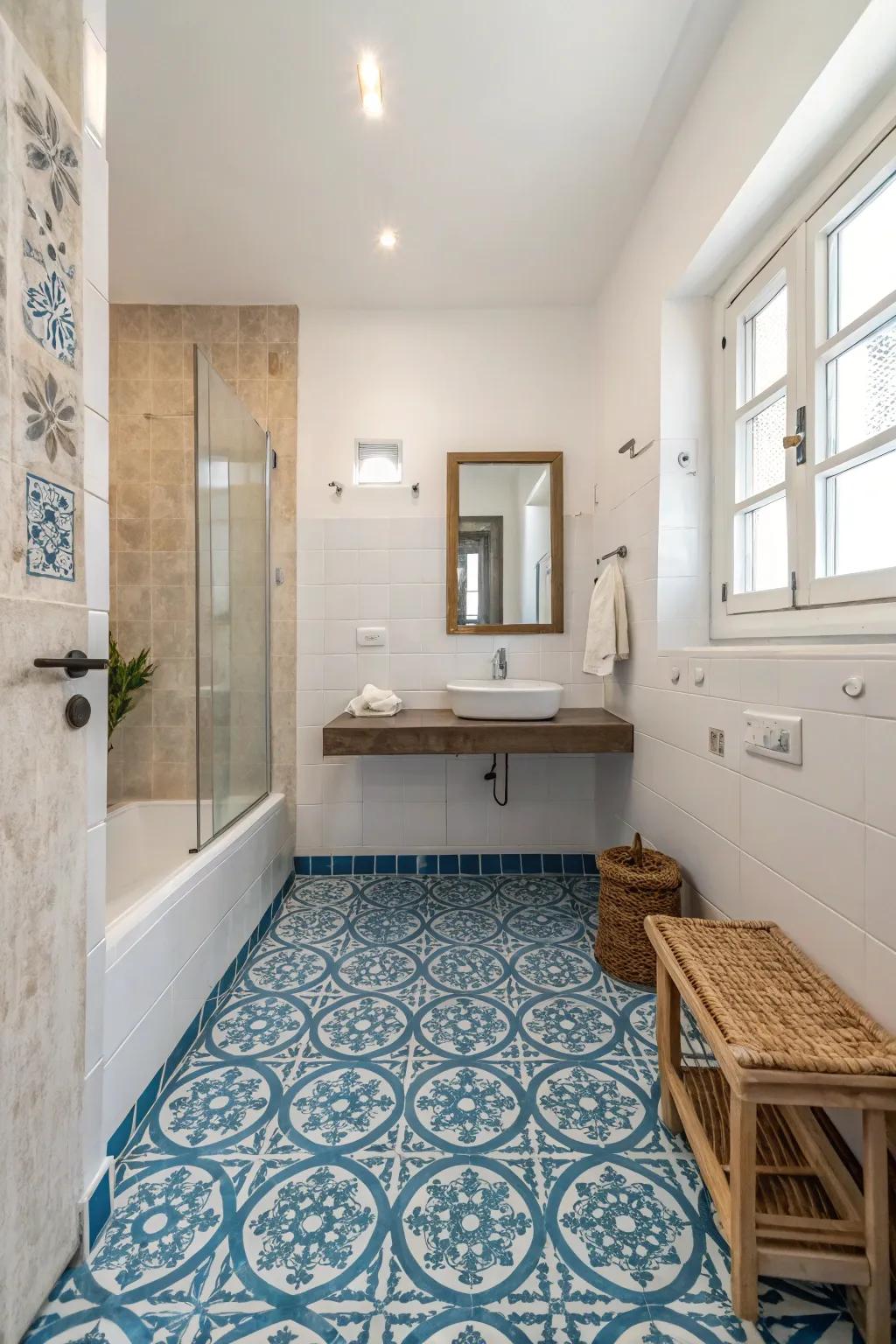 Blue floor tiles provide a stylish and cohesive foundation.