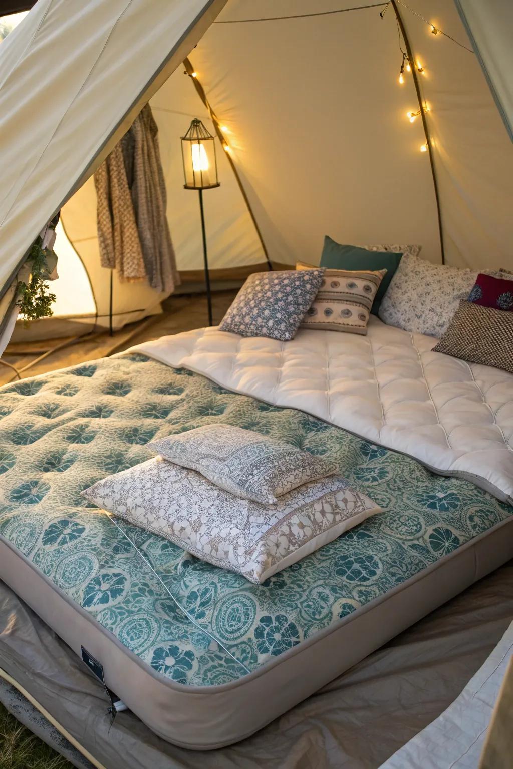 A luxurious air mattress setup, perfect for a glamping experience.