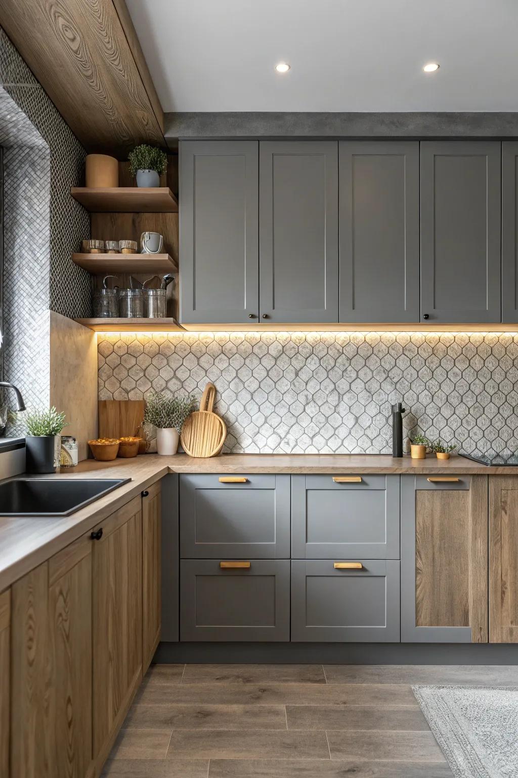 Introduce texture with a patterned backsplash that complements grey cabinetry.