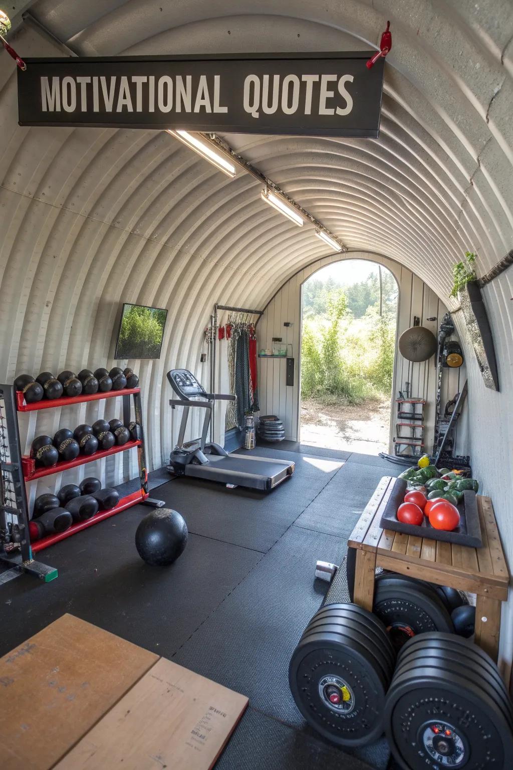 A chic personal gym inside a Quonset hut, perfect for fitness routines.