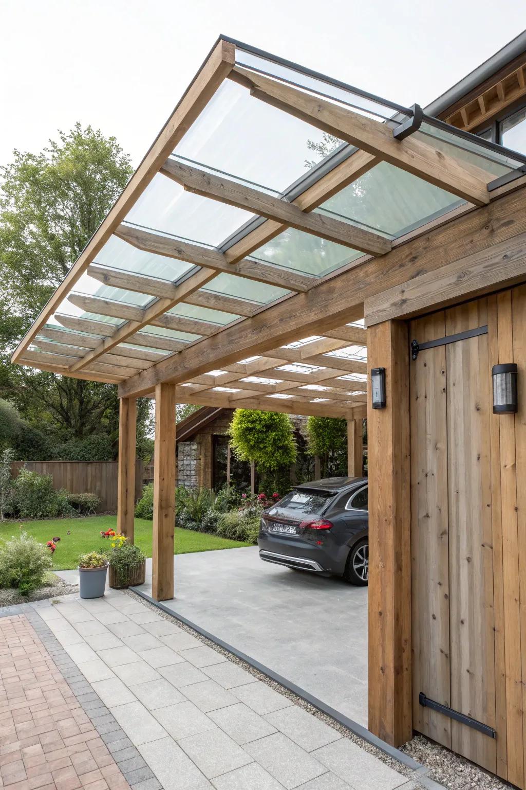 A fusion of glass and wood for a contemporary carport design.