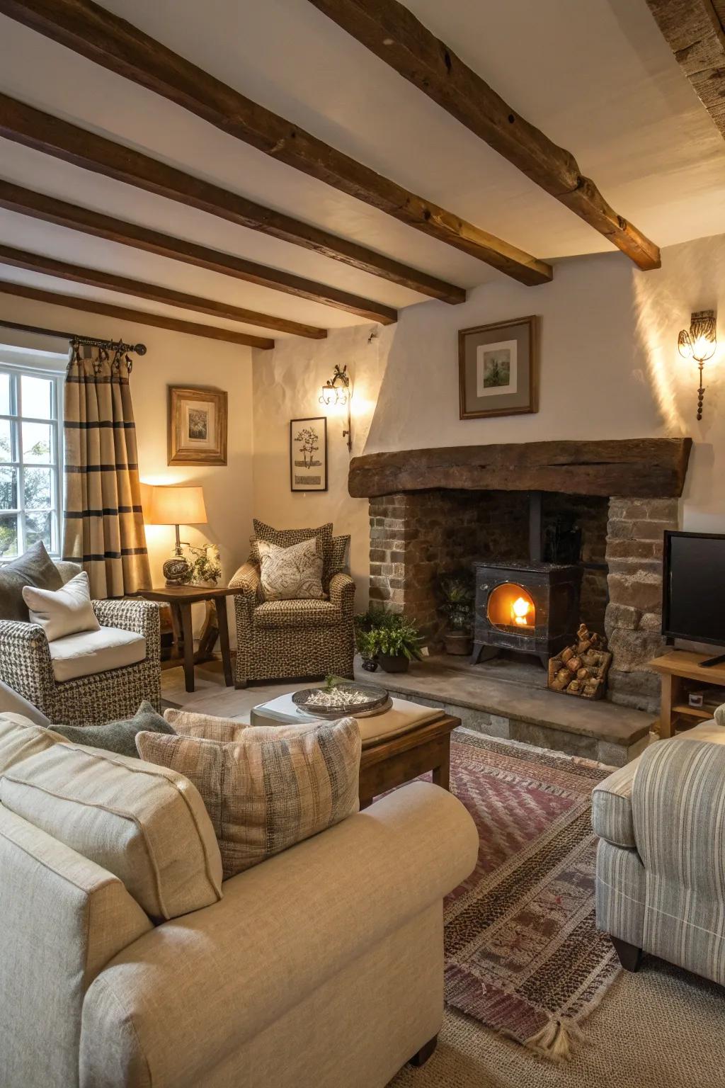 Plush seating arranged around the fireplace for ultimate comfort.