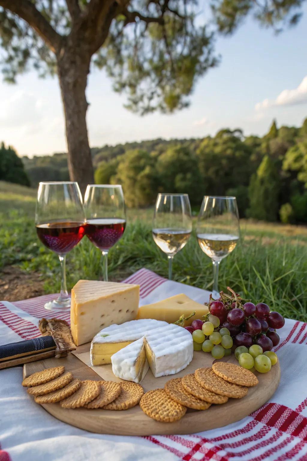 An elegant wine and cheese tasting picnic.