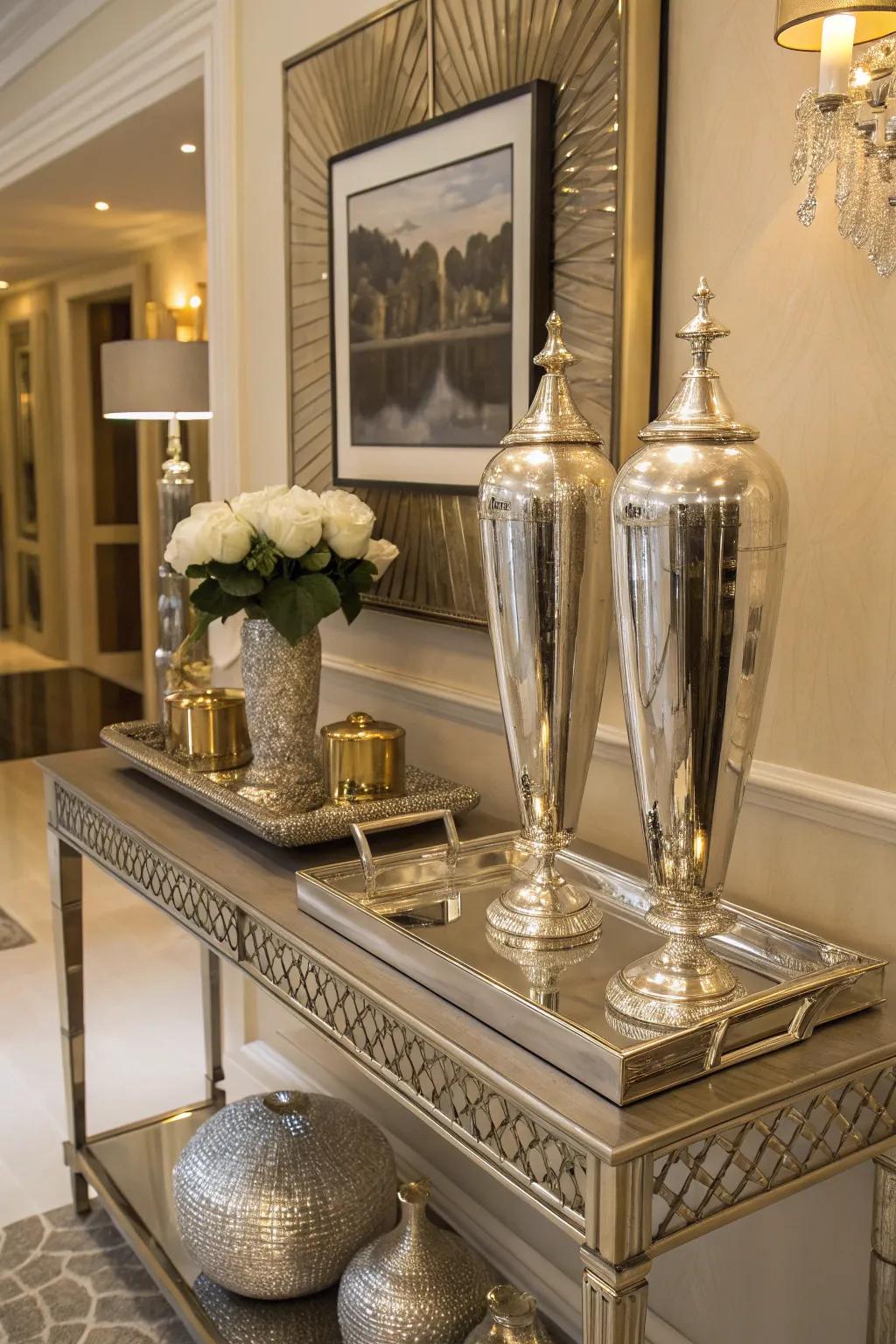 Metallic accents bring sophistication and glamour to the entry.