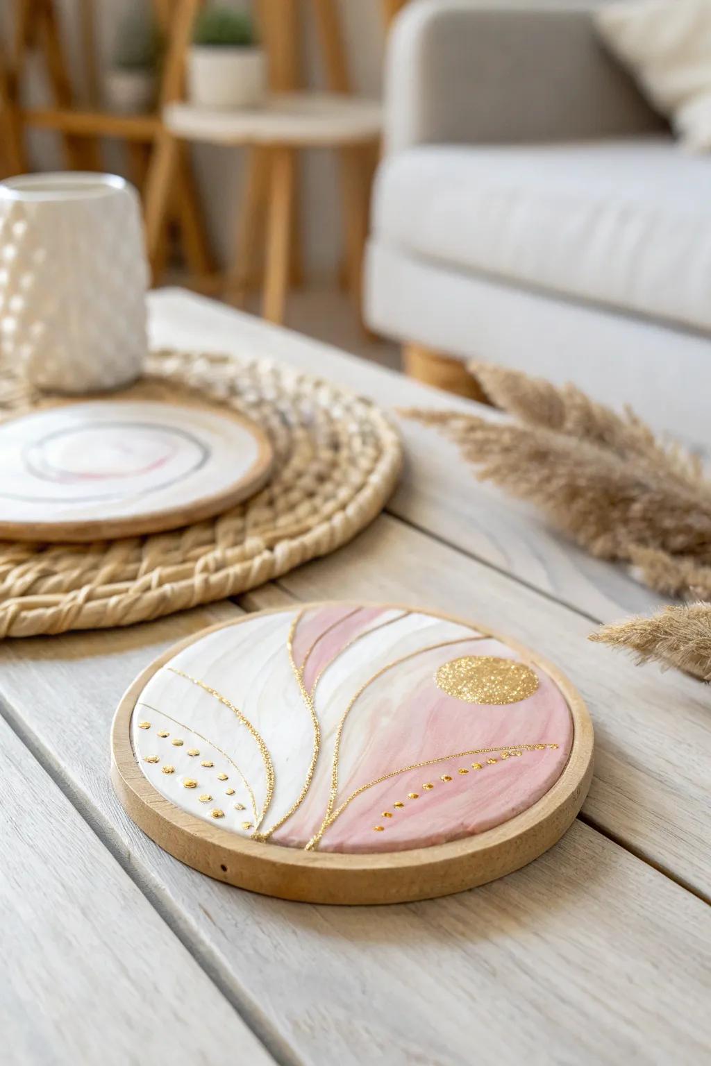 Add a touch of artistry to your table with these beautifully painted clay coasters.