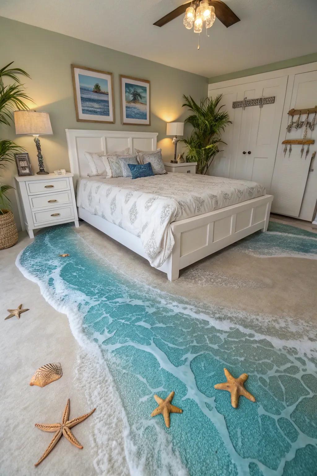 A beach-themed bedroom featuring a 3D ocean wave epoxy floor.