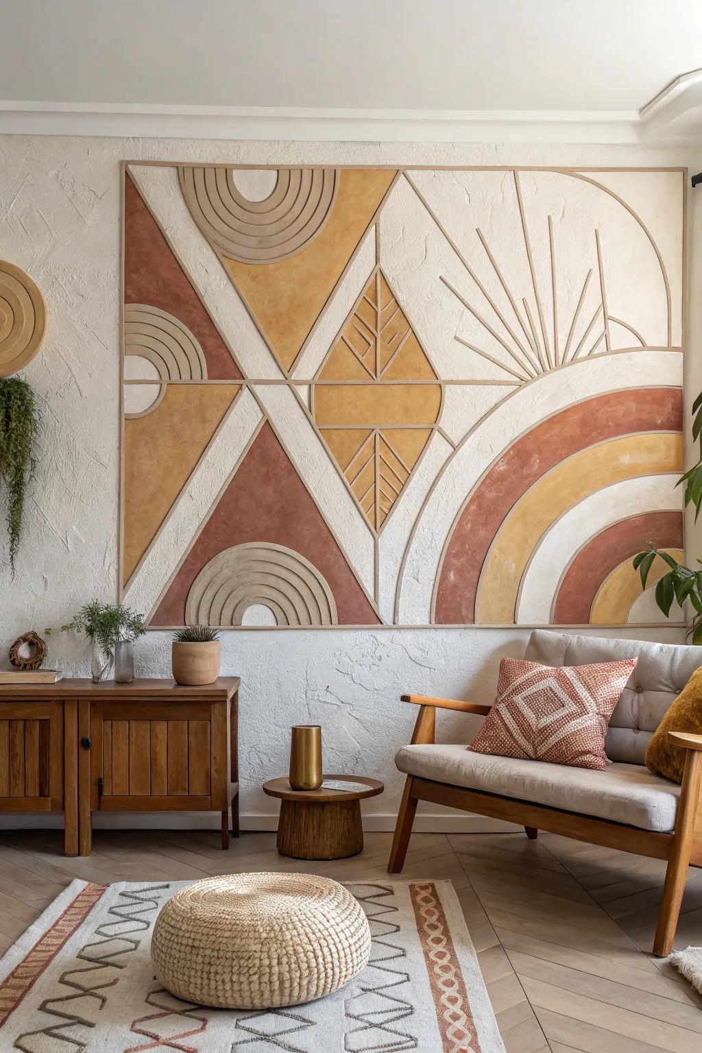 Transform your space with retro-futuristic elegance: a clay mural that bridges the past and future.