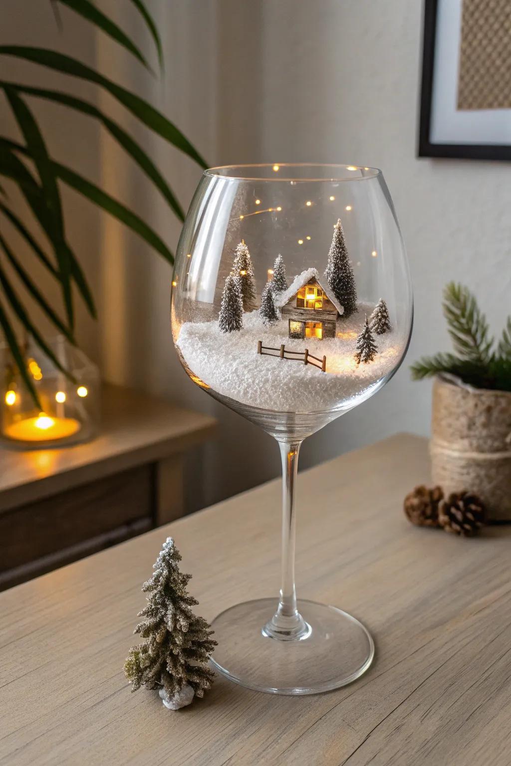 Transform your wine glasses into enchanting winter wonderlands with this simple yet stunning display idea!