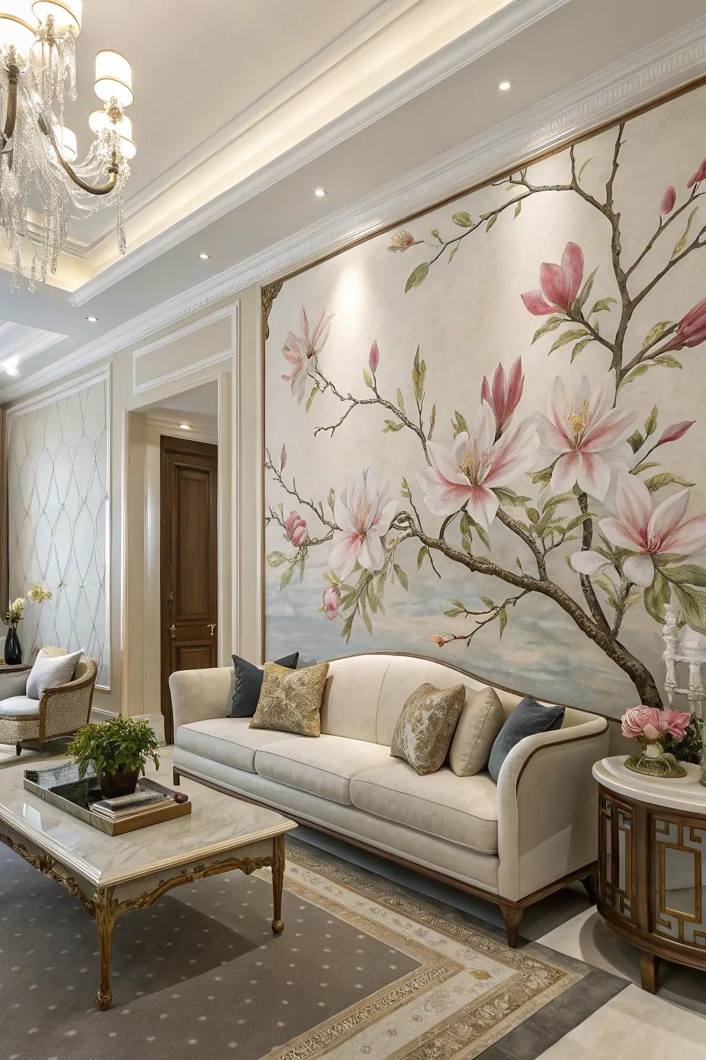 A magnolia mural adds a touch of stateliness to any living space.