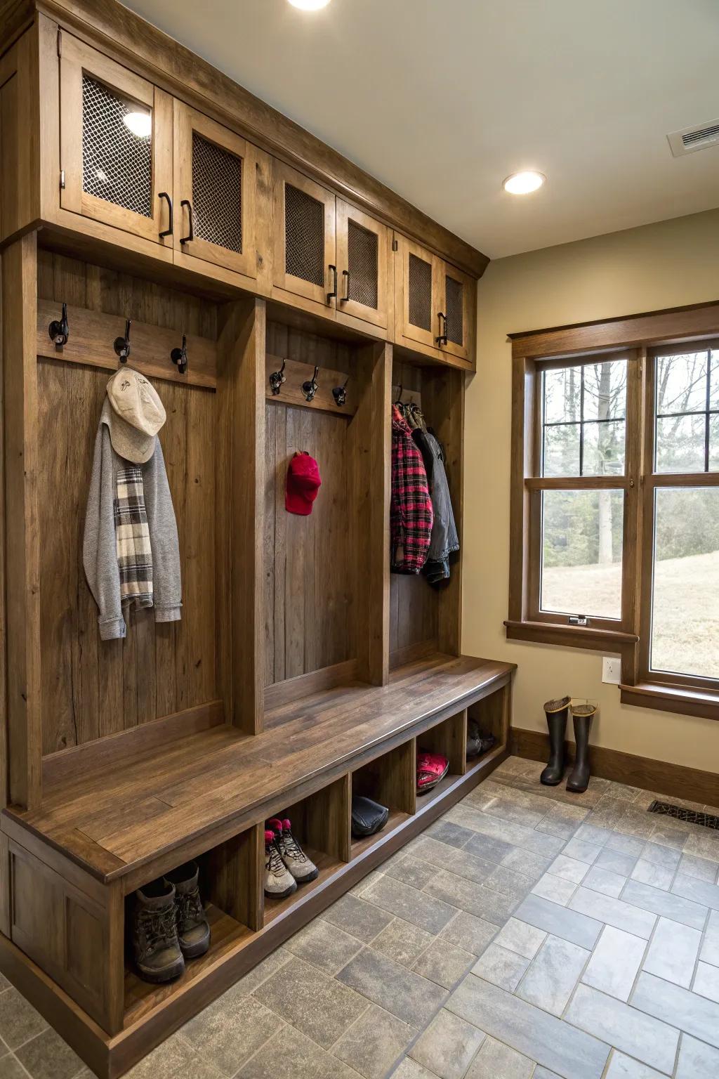 A stylish bench with storage in a well-organized mudroom.