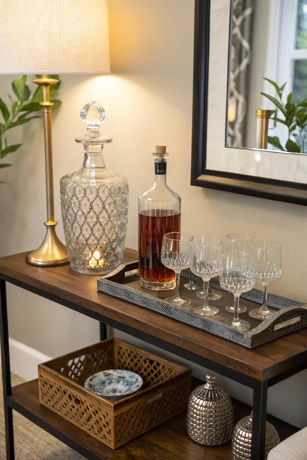 A mini bar setup on the entry table adds a surprising touch of hospitality.