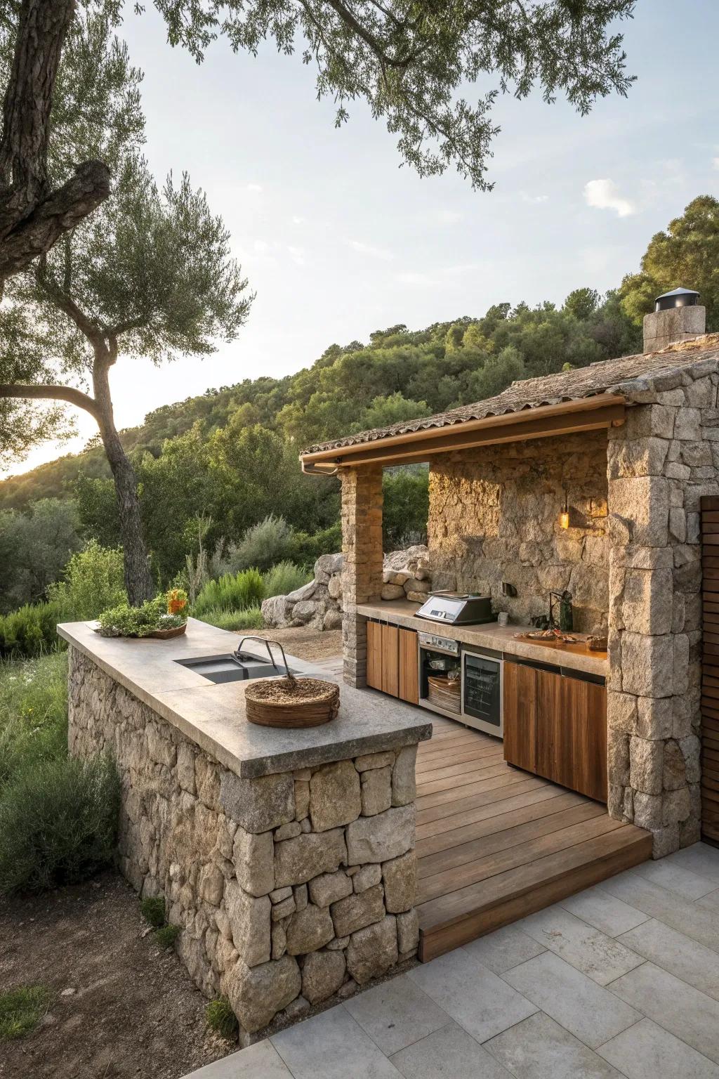 A harmonious blend of outdoor kitchen and natural landscape.