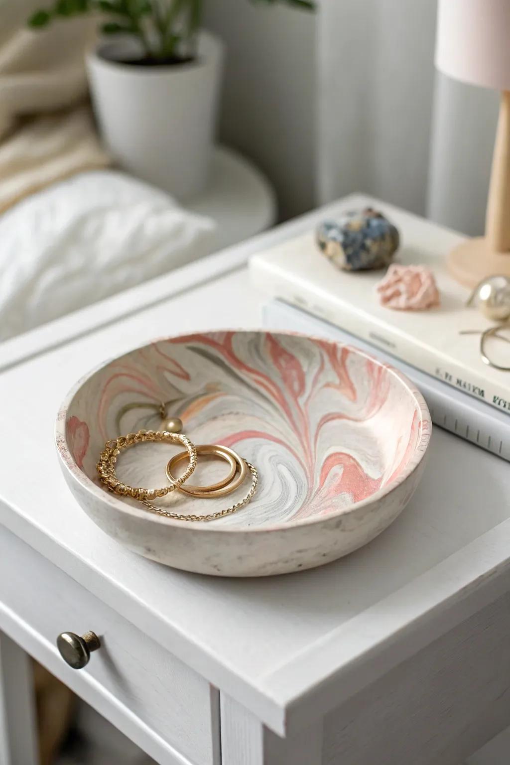 Delight Mom with a unique marbled jewelry dish, a perfect blend of minimalism and bohemian charm.