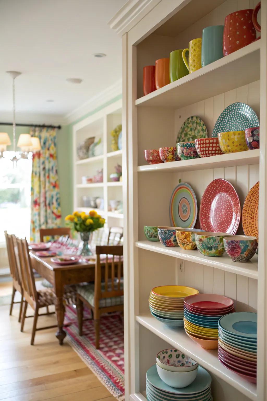 A rainbow tableware display adds charm to dining.