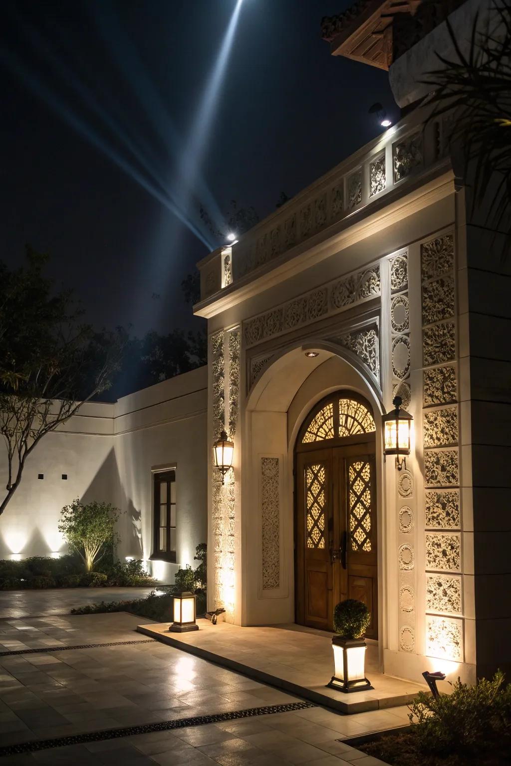 Spotlights highlighting the architectural features of the entrance.